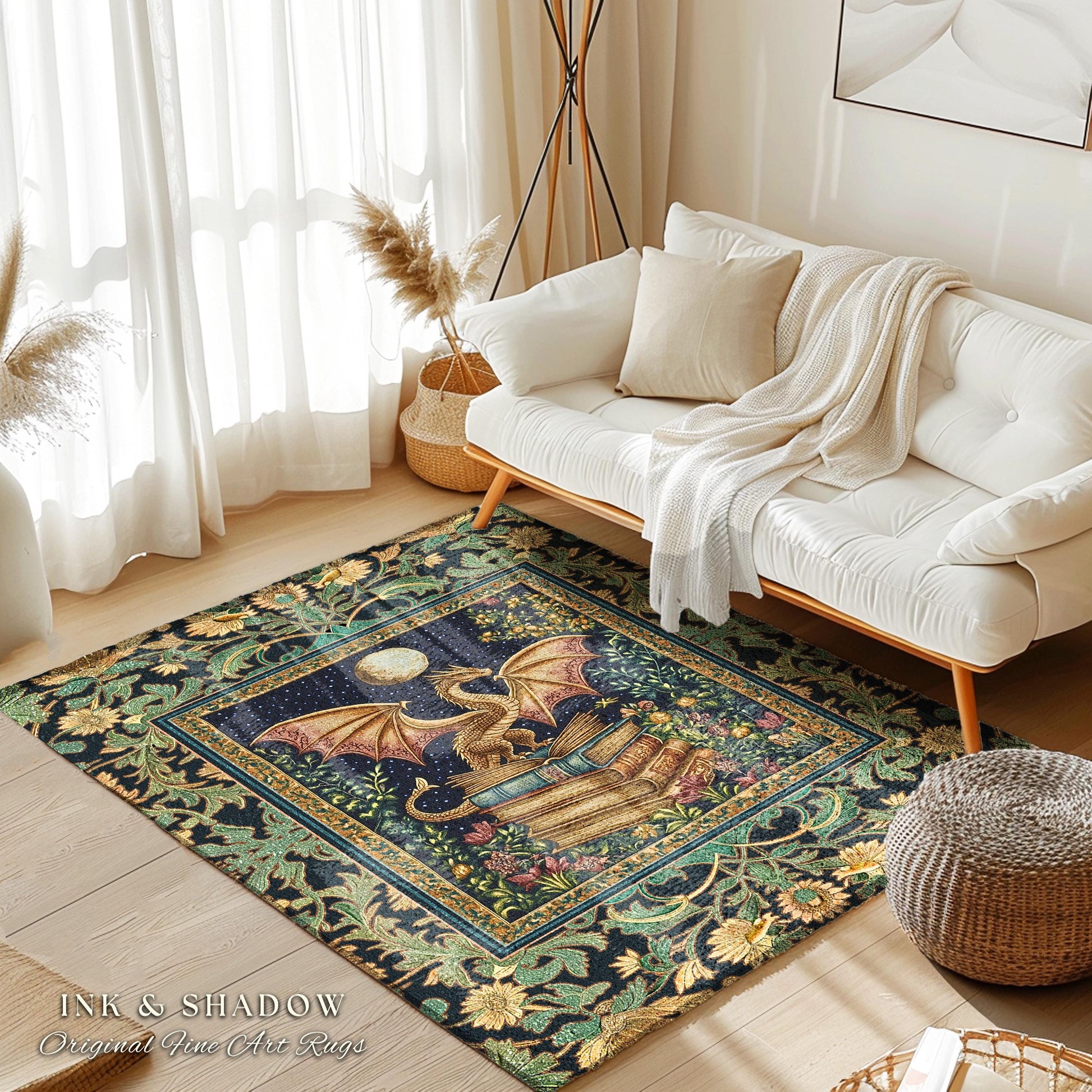 Moonlit Book Dragon Area Rug | Book Nook Victorian Floral Aesthetic Dark Academia Reading Room Storybook Accent Rug Book Lover Home Decor |