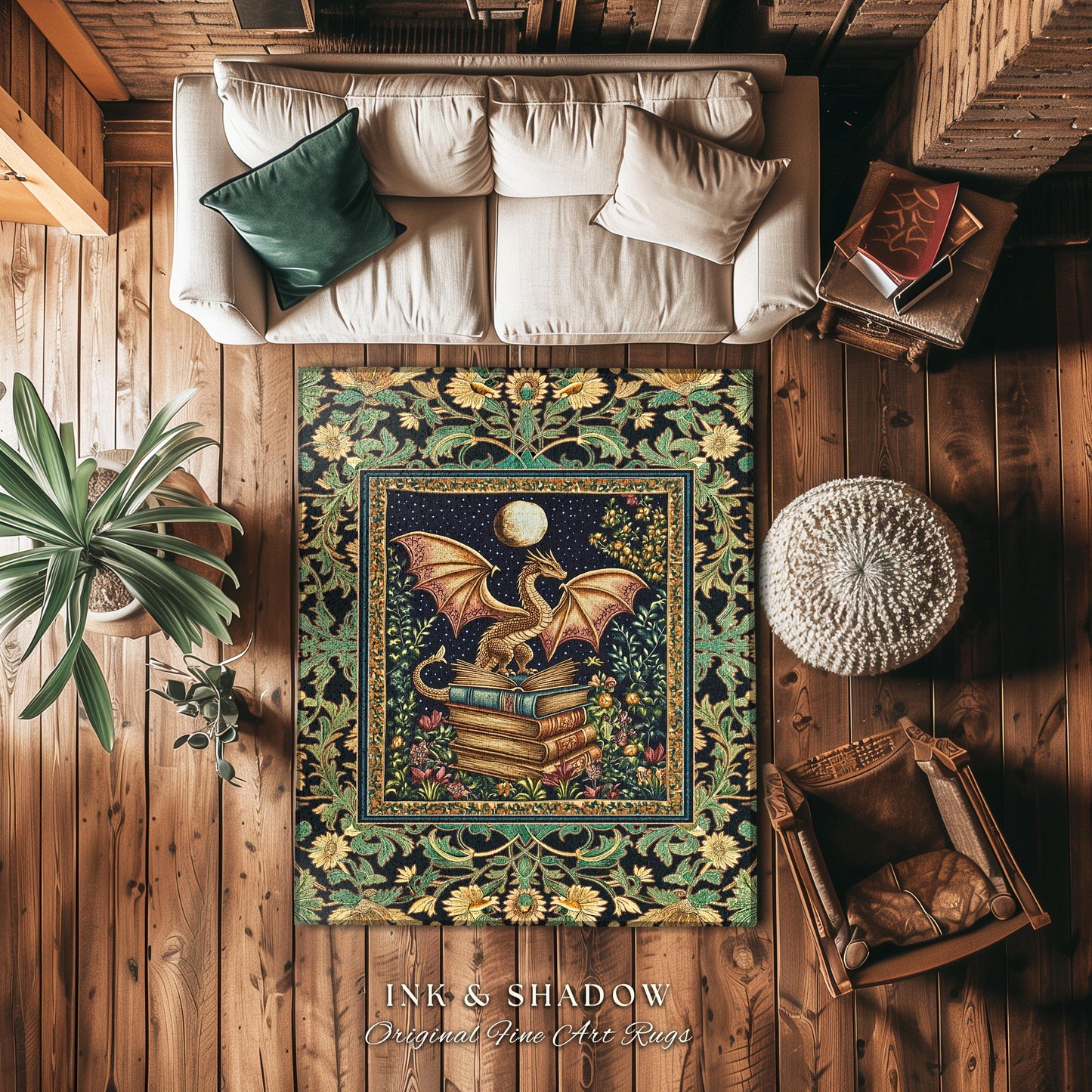 Moonlit Book Dragon Area Rug | Book Nook Victorian Floral Aesthetic Dark Academia Reading Room Storybook Accent Rug Book Lover Home Decor |