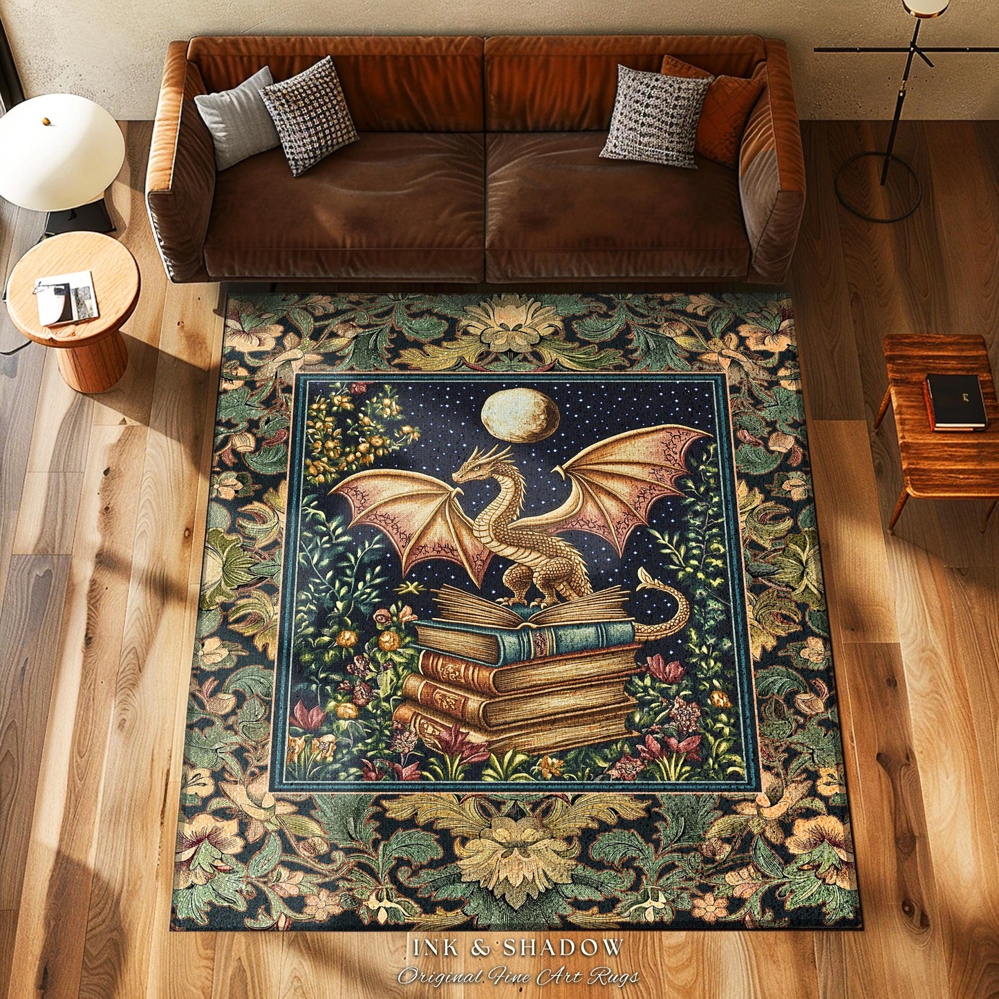 Medieval Library Mystic Dragon Rug | Ethereal Victorian Floral Rug for Book Nook Woodland Fairytale Dark Academia Folklore Style Bedroom |