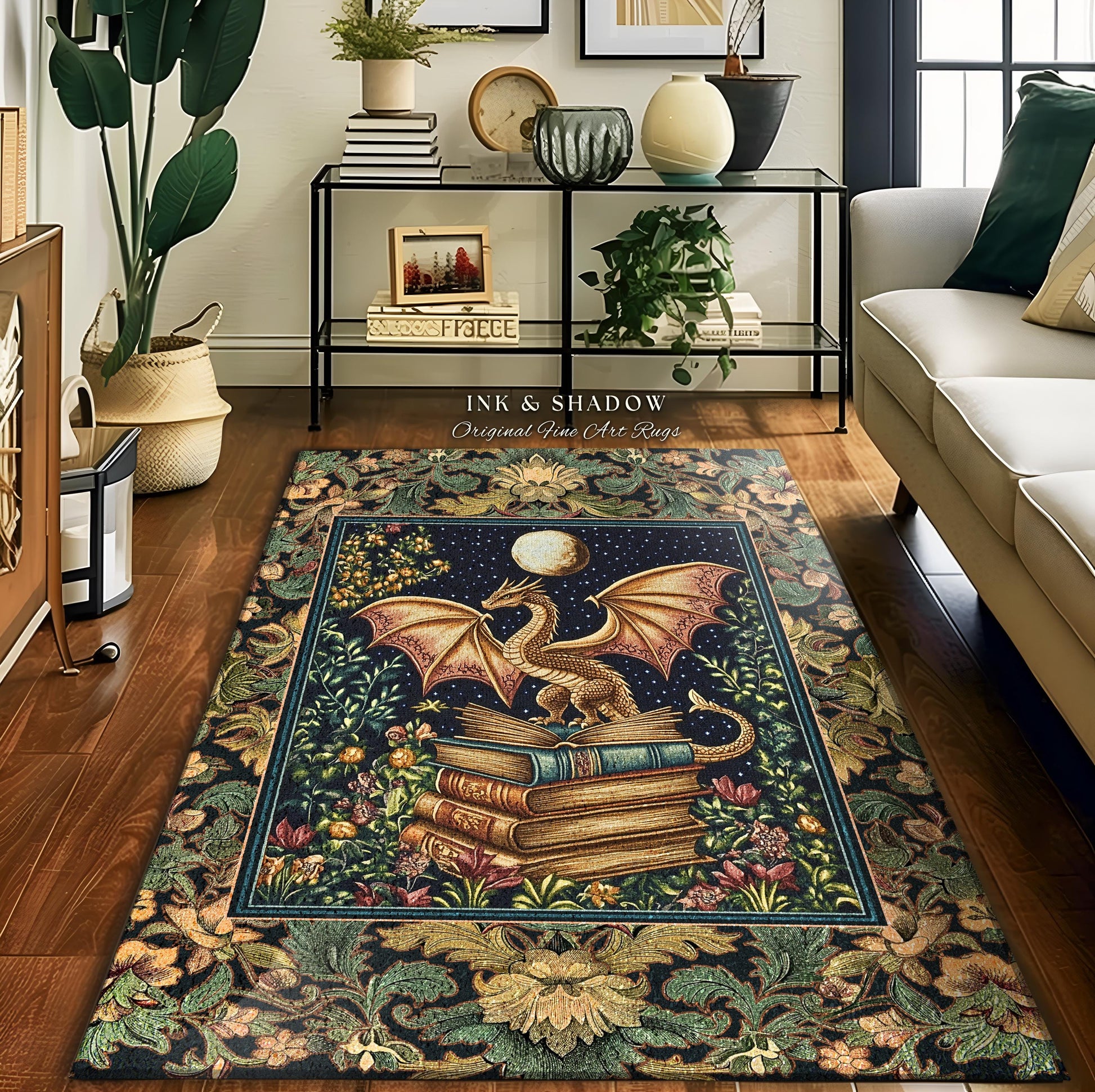 Medieval Library Mystic Dragon Rug | Ethereal Victorian Floral Rug for Book Nook Woodland Fairytale Dark Academia Folklore Style Bedroom |