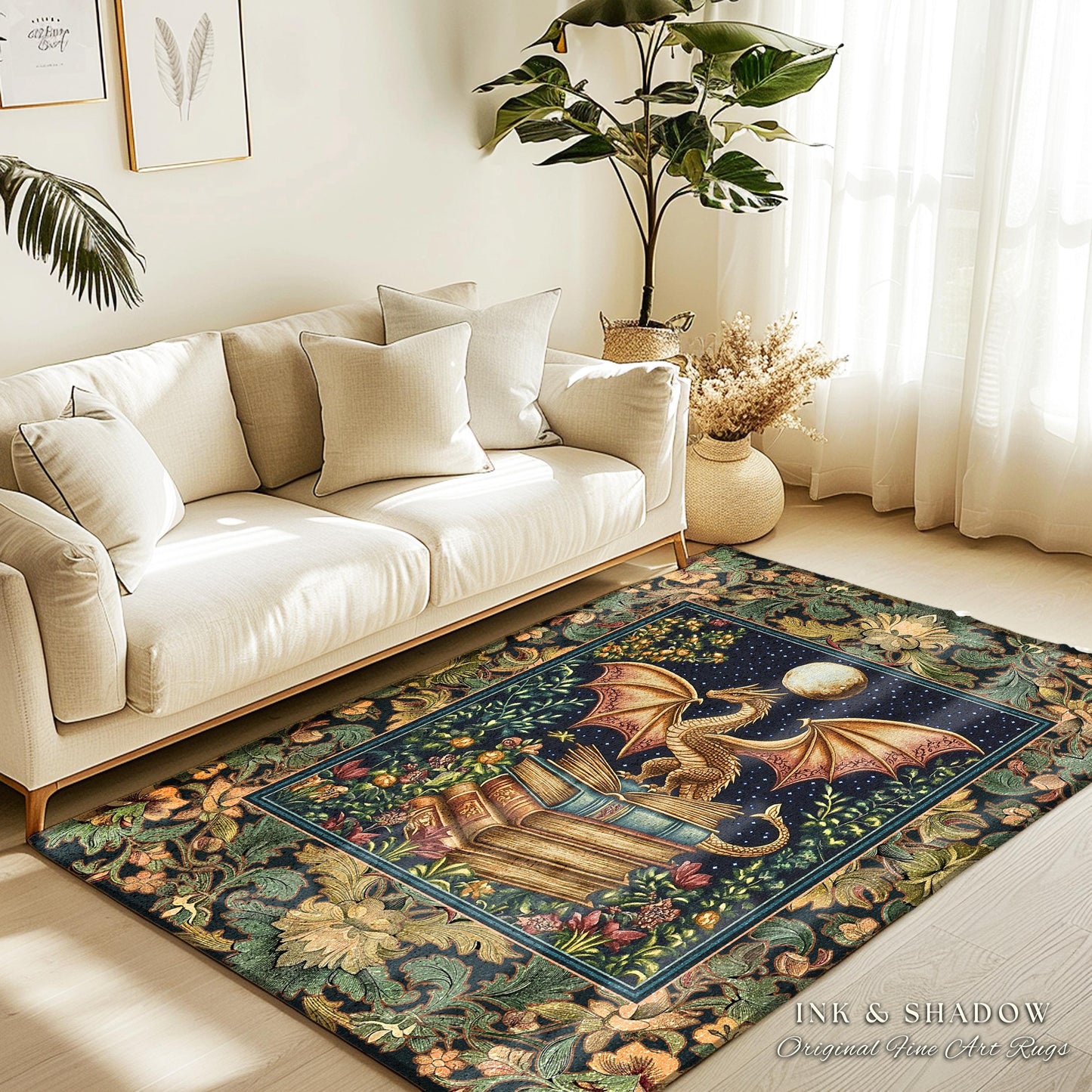 Medieval Library Mystic Dragon Rug | Ethereal Victorian Floral Rug for Book Nook Woodland Fairytale Dark Academia Folklore Style Bedroom |