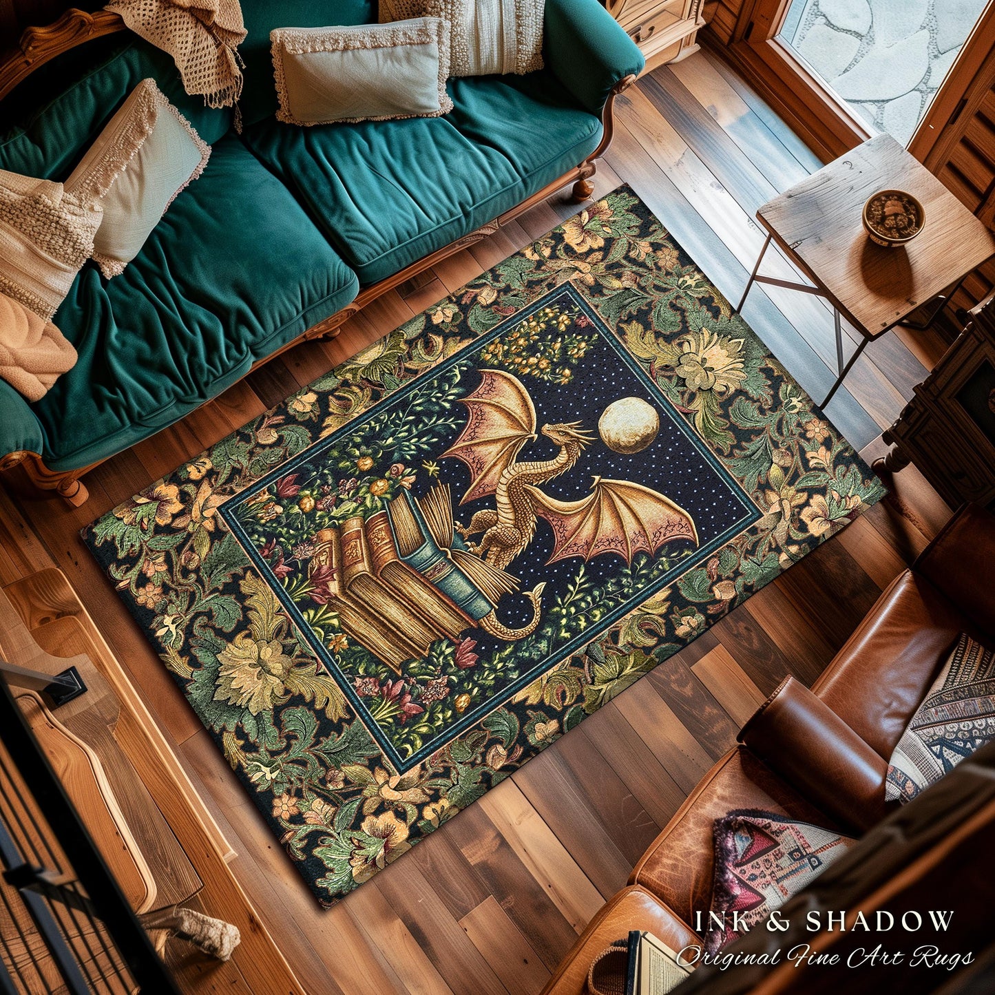 Medieval Library Mystic Dragon Rug | Ethereal Victorian Floral Rug for Book Nook Woodland Fairytale Dark Academia Folklore Style Bedroom |