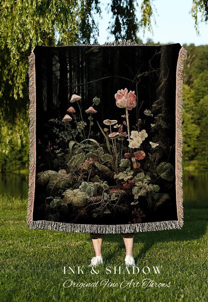 Dark Botanical Renaissance Tapestry Woven Wall Art | Dark Floral Painting Blanket Woven | Whimsigoth Room Decor Witchy Aesthetic Art Blanket