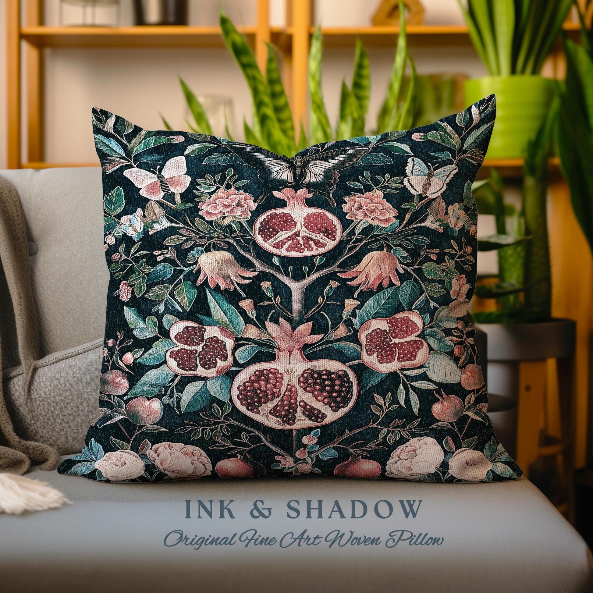 Vintage Pomegranate Tapestry Pillow Floral Whimsigoth Enchanted Botanical Butterfly Cushion | Victorian Gothic Whimsical Woodland Art Decor