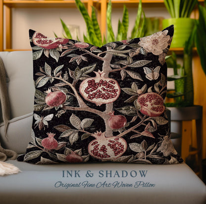 Gothic Pomegranate Pillow Mystical Botanical Woven Accent | Baroque Inspired Dark Academia Floral Butterfly Fruit Whimsigothic Cushion Boho