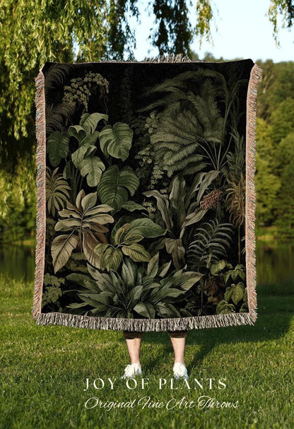 Moody Botanical Throw Blanket | Woven Cotton Throw Blanket Dark Cottagecore Botanical Blanket Forest Tapestry Goblincore Bedroom Decor Green