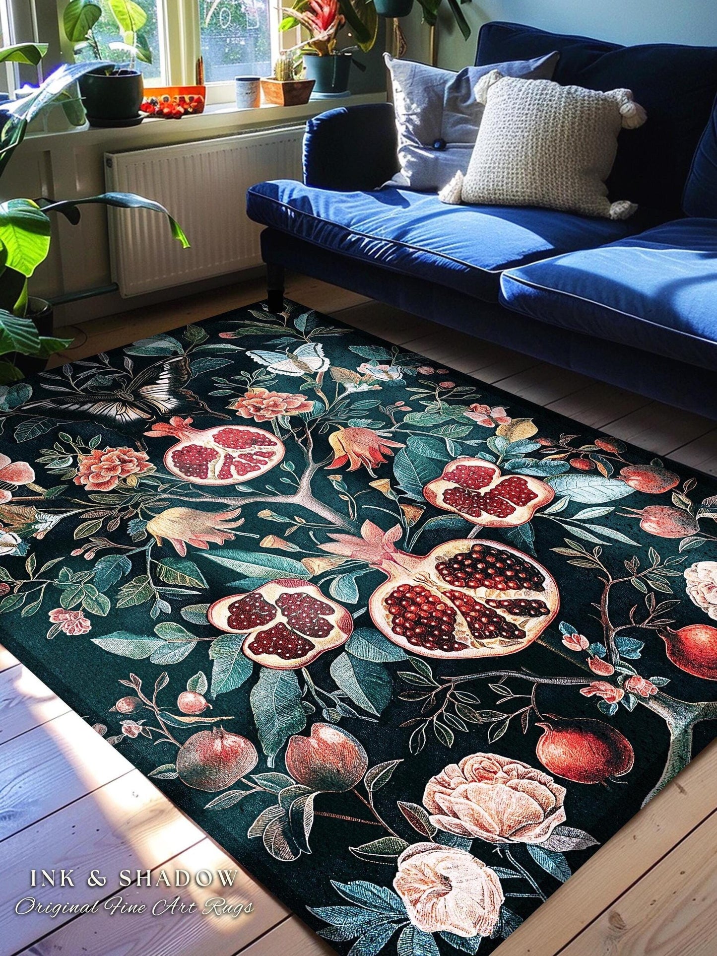 Vintage Pomegranate Floral Whimsigoth Rug Enchanted Botanical Butterfly Home Decor | Victorian Gothic Whimsical Woodland Forestcore Design
