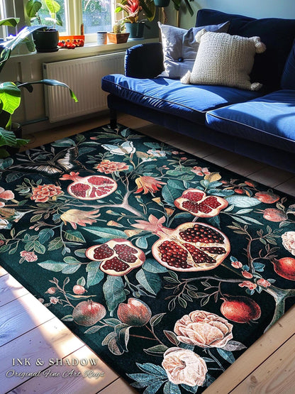 Vintage Pomegranate Floral Whimsigoth Rug Enchanted Botanical Butterfly Home Decor | Victorian Gothic Whimsical Woodland Forestcore Design