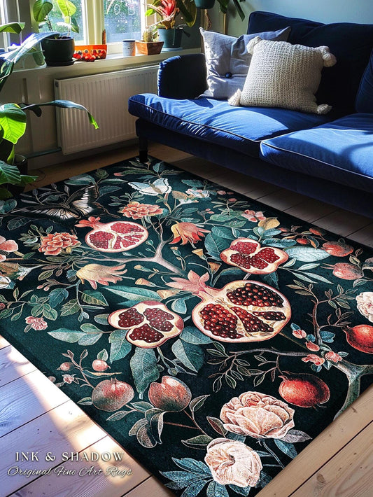 Vintage Pomegranate Floral Whimsigoth Rug Enchanted Botanical Butterfly Home Decor | Victorian Gothic Whimsical Woodland Forestcore Design