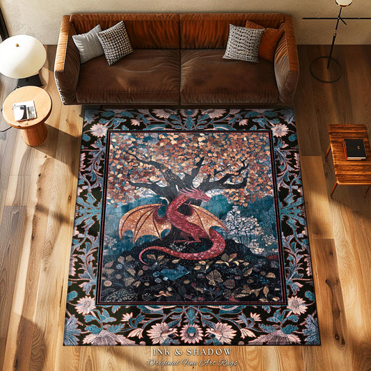 Mystic Serpent Dragon Cozy Bedroom Rug | Medieval Whimsy Dark Academia Magical Aesthetic Tree Area Rug Fairytale Theme Moody Magical Beast |