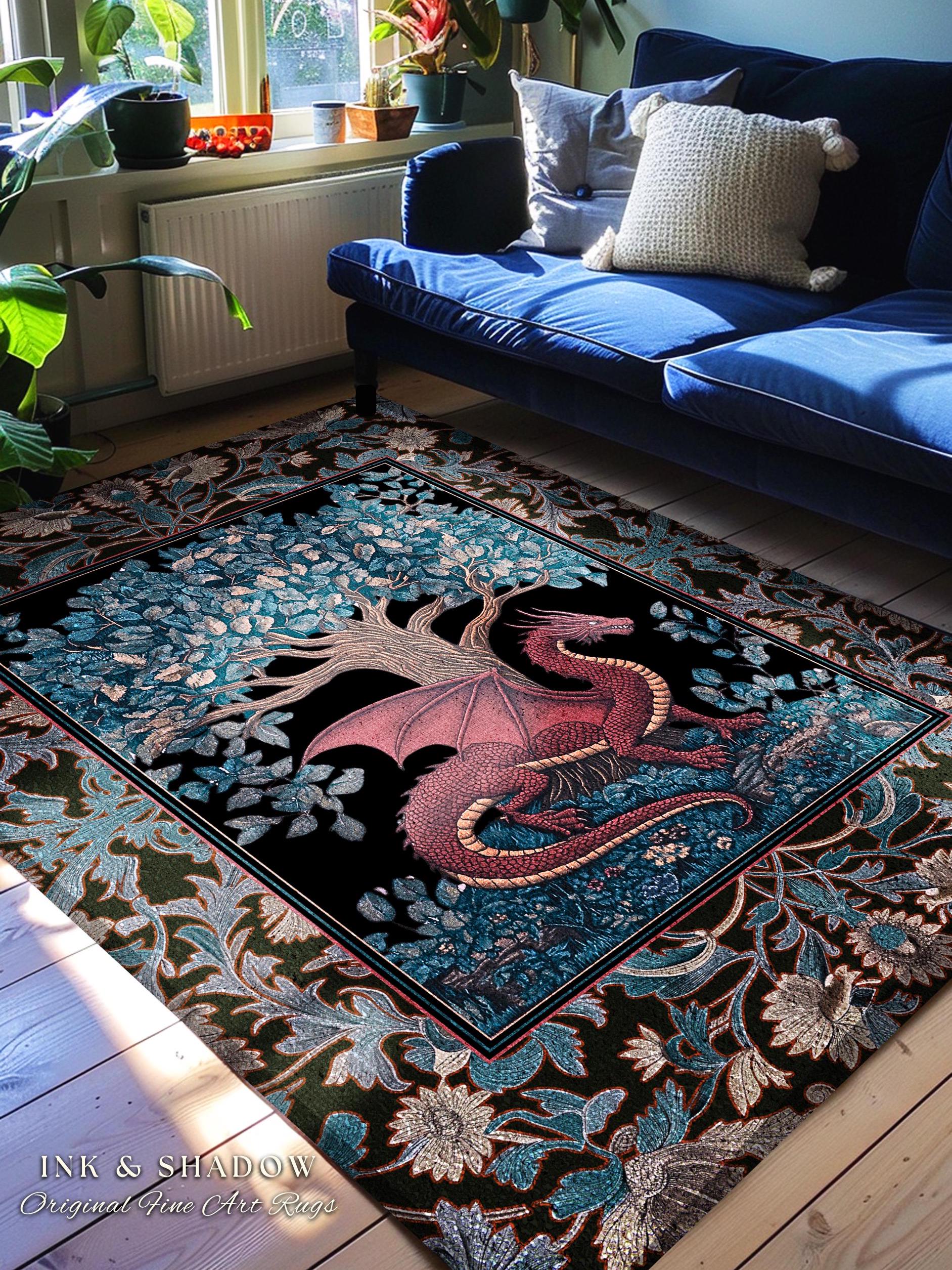 Folk Art Dragon Theme Rug | Dark Botanical Woodland Moody Bedroom Baroque Fantasy Tree Home Accent Fantasy Aesthetic Mythical Creatures Art