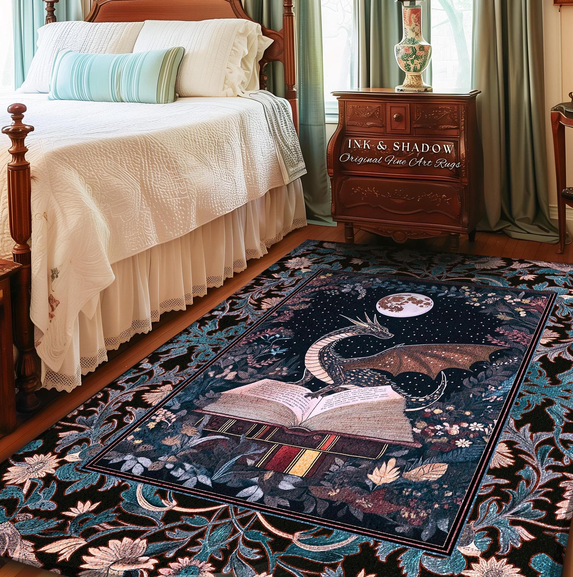 Reading Rug Ethereal Dragon Decor | Whimsical Bedroom Dark Academia Book Loving Ethereal Bedroom Whimsigothic Fantasy Floor Rug Moody Art