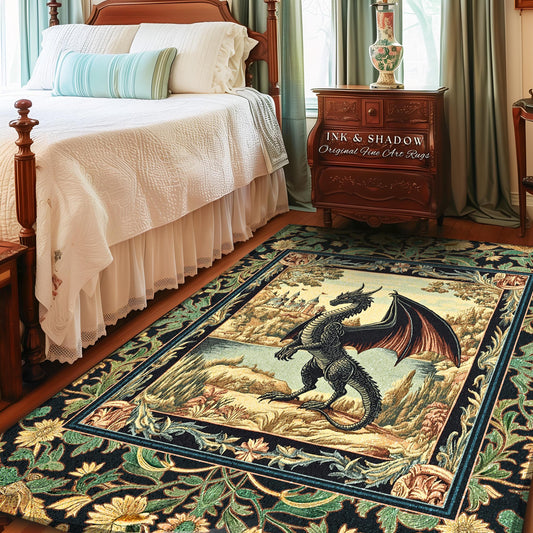 Black Dragon Royal Elegance Rug | Storybook Gilt Gothic Carpet Woodland Medieval Ornate Bedroom Ethereal Fairytale Botanical Bedroom Accent