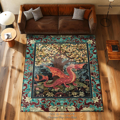 Mystical Fantasy Botanical Dragon Rug | Romantic Victorian Floral Medieval Gothic Bedroom Tree of Life Mythical Beasts Library Aesthetic Art