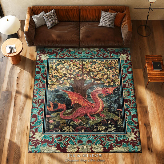 Mystical Fantasy Botanical Dragon Rug | Romantic Victorian Floral Medieval Gothic Bedroom Tree of Life Mythical Beasts Library Aesthetic Art