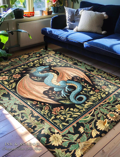 Rustic Dragon Medieval Area Rug | Ethereal Victorian Fantasy Dark Academia Maximalist Aesthetic Tapestry Moody Bedroom Witchy Gothic Accent