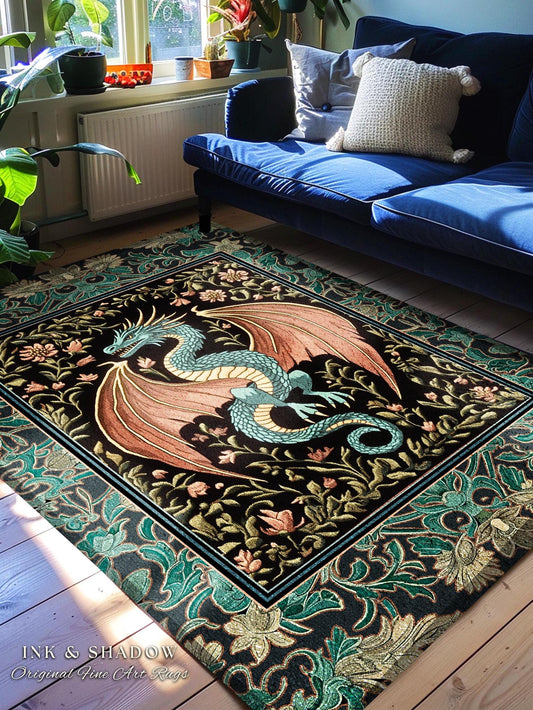 Woodland Cottagecore Cozy Dragon Rug | Forestcore Woodland Medieval Bedroom Ethereal Victorian Fantasy Dark Academia Maximalist Accent Rug |