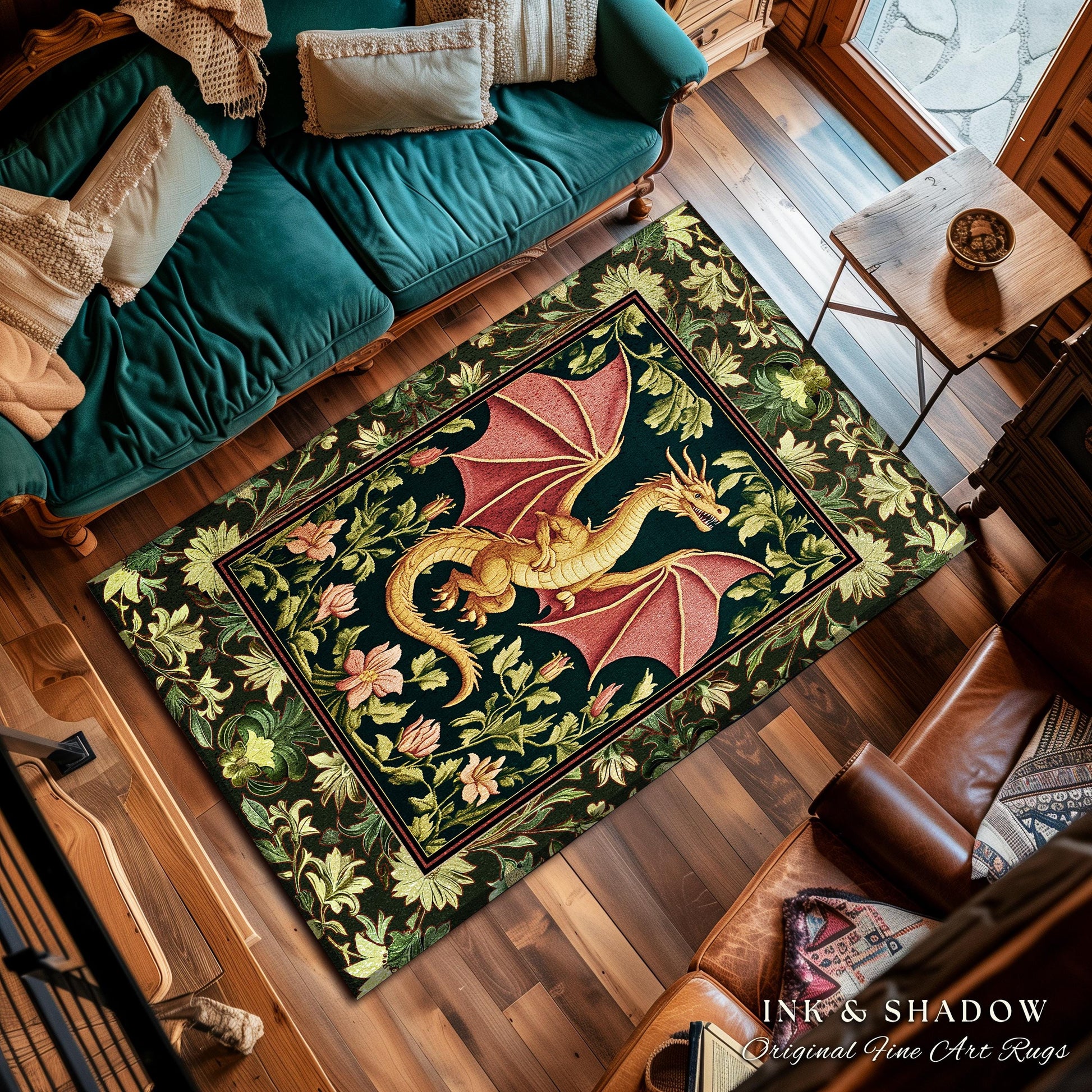Botanical Storybook Dragon Area Rug | Fairytale Aesthetic Floral Victorian Accent Foliage Middle Ages Theme Enchanted Gothic Folklore Magic