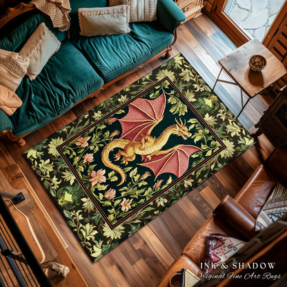 Botanical Storybook Dragon Area Rug | Fairytale Aesthetic Floral Victorian Accent Foliage Middle Ages Theme Enchanted Gothic Folklore Magic