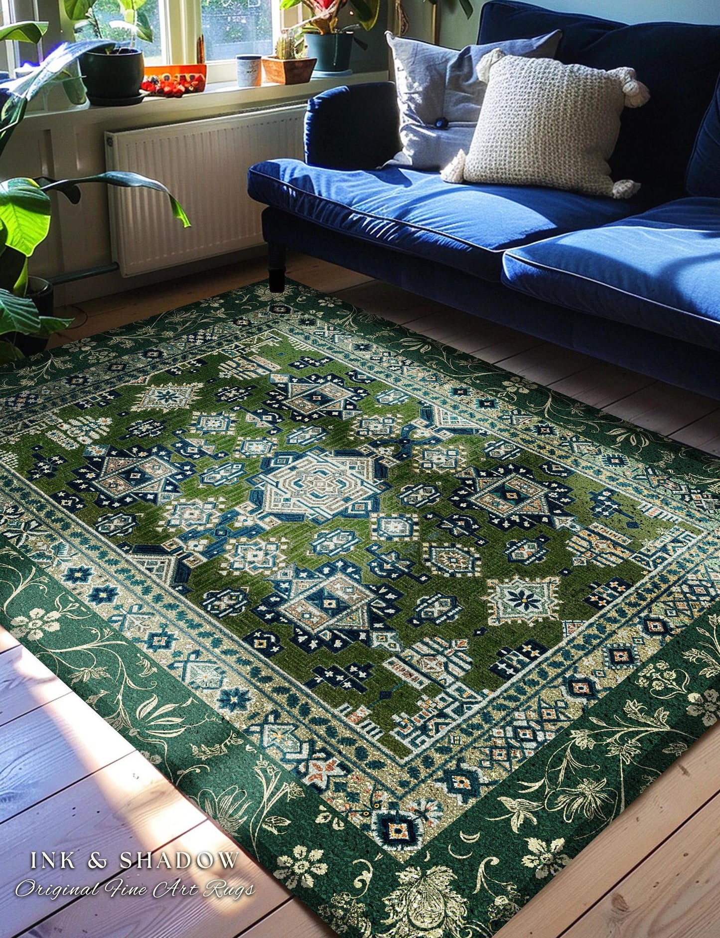 Blue Green Elegant Home Decor Round Rug | Rustic Aesthetic Living Room Pastel Green Home Decor Housewarming Gift Cottagecore Green Bedroom