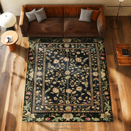 Dark Academia Living Room Rug | Dark Floral Aesthetic Common Room Home Decor Rustic Housewarming Gift Cottagecore Dark Floral Bedroom Mat
