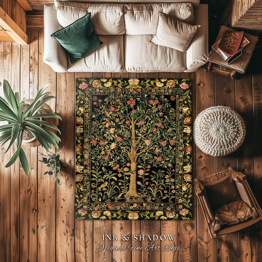 Golden Aesthetic Tree of Life Rug | Dark Floral Aesthetic Common Room Home Decor Rustic Housewarming Gift Cottagecore Dark Floral Bedroom