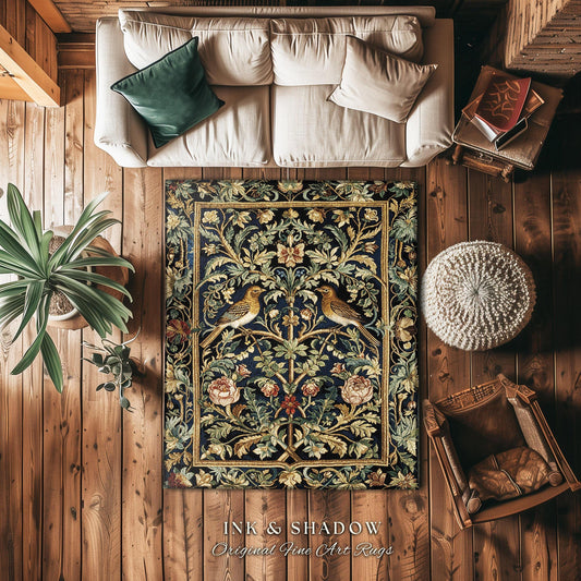 Folk Woodland Botanical Accent Rug | Dark Floral Living Room Home Decor Rustic Housewarming Gift Cottagecore Earth Tone Bedroom Floor Mat |