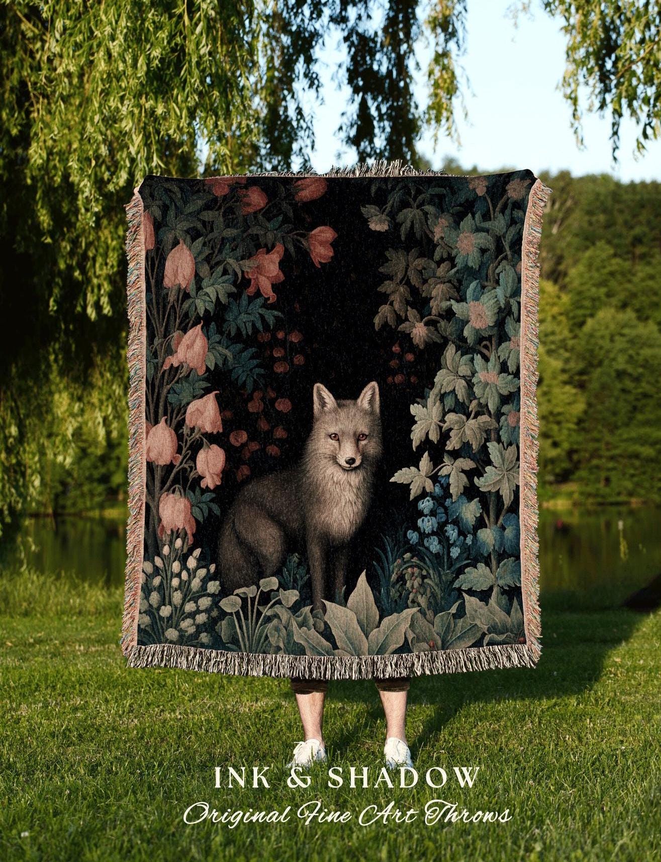 Dark Academia Woven Fox Tapestry | Woodland Folk Art Blanket Woven Tapestry William Morris Style Woodland Gothic Decor Dark Cottagecore Fox