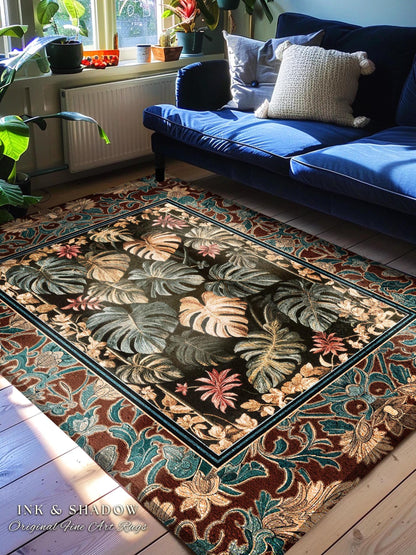 Moody Monstera Area Rug | Enchanting Forest Tropical Houseplant Accent Rug Witchy Maximalist Home Decor Dark Academia Folklore Whimsical Art