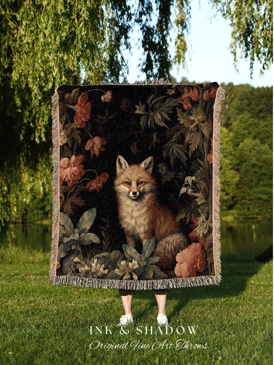 Botanical Fox Tapestry Woven | Woodland Folk Art Blanket Woven Tapestry William Morris Art Woodland Goth Decor Dark Cottagecore Aesthetic |