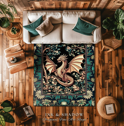 Elegant Golden Dragon Botanical Area Rug | Mystic Florals Medieval Fantasy Bedroom Aesthetic Floral Accent Rug Mythical Creatures Ethereal |