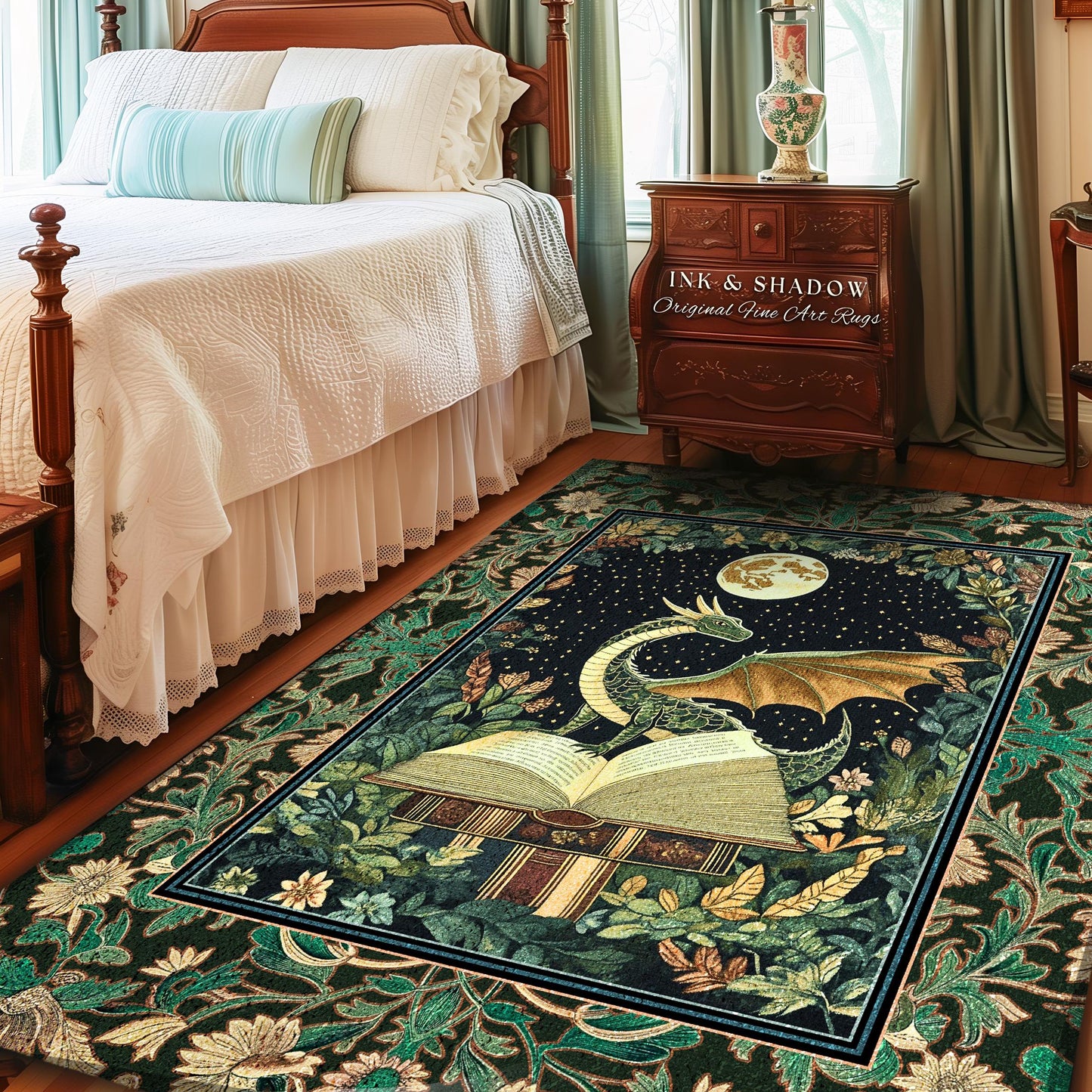 Medieval Library Cozy Reading Rug | Dragon Aesthetic Whimsigothic Dark Academia Decor for Book Nook Crowcore Fairytale Bedroom Rug Victorian