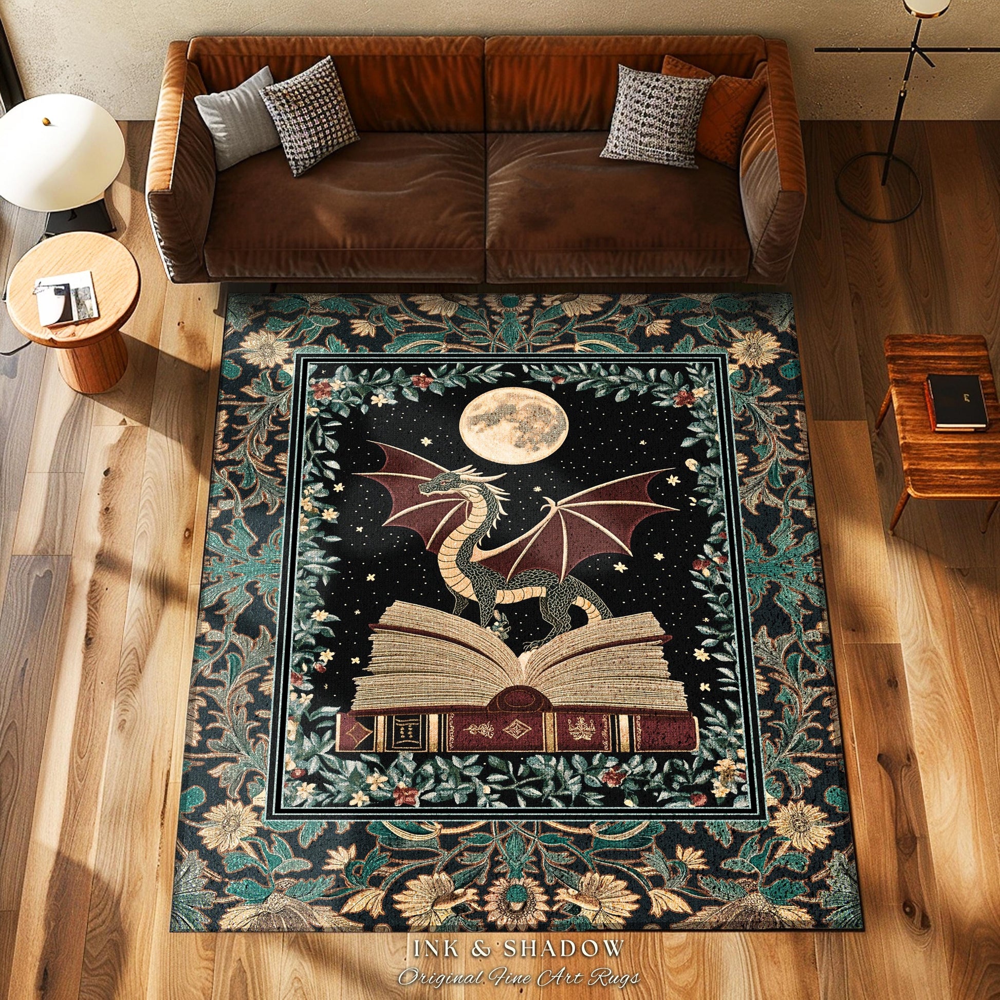 Enchanted Dragon Victorian Area Rug | Magic Woodland Reading Corner Moody Home Accent Rug Bedroom Dark Cottagecore Enchanting Aesthetic Art