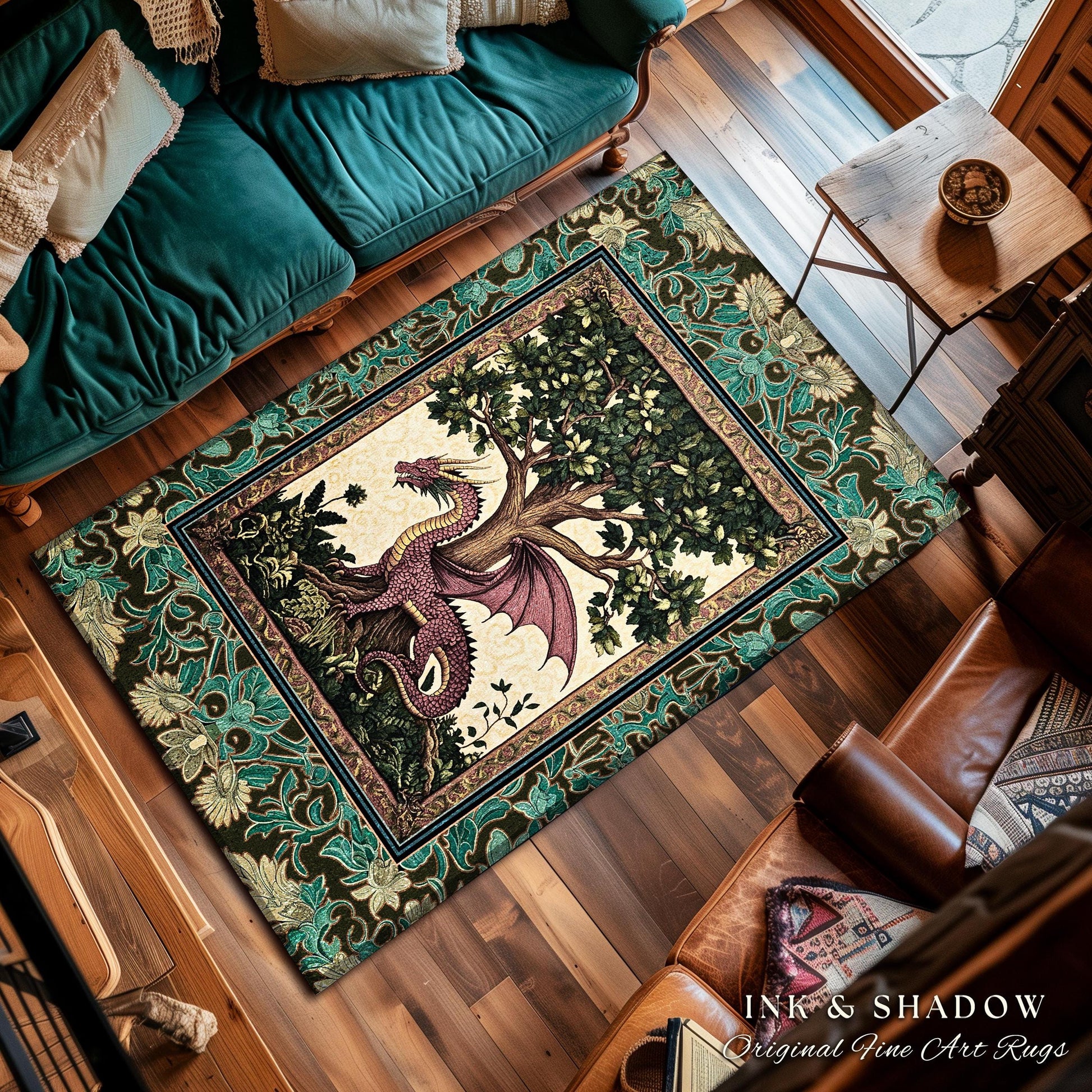 Rustic Bohemian Medieval Theme Rug | Tree of Life Bedroom Floor Accent Whimsical Medieval Dragon Rug Storybook Folklore Aesthetic Victorian