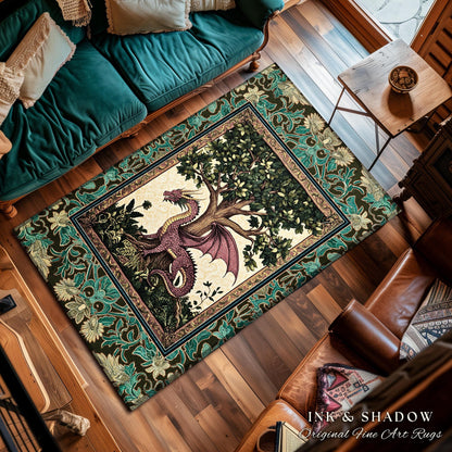 Rustic Bohemian Medieval Theme Rug | Tree of Life Bedroom Floor Accent Whimsical Medieval Dragon Rug Storybook Folklore Aesthetic Victorian