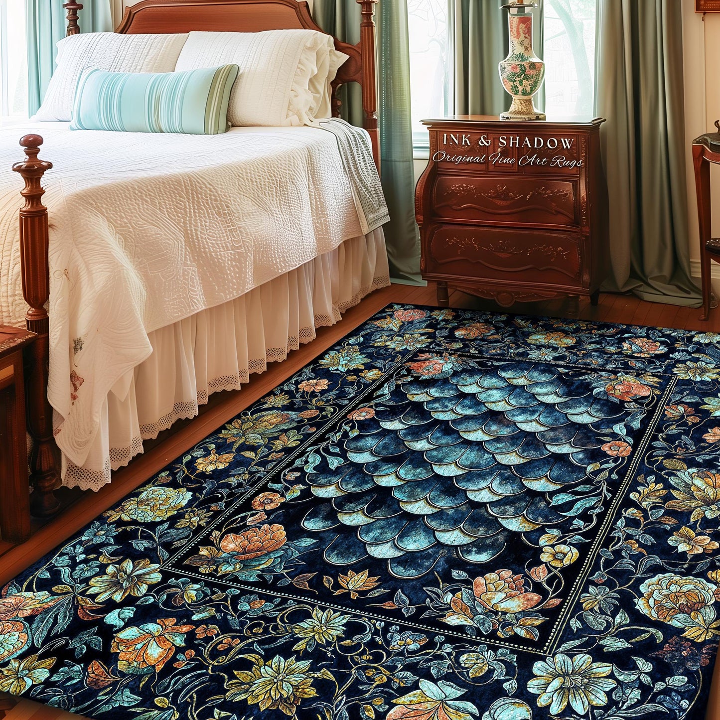 Dreamy Botanicals Dragon Scale Rug | Dark Academia Aesthetic Fairytale Home Decor Accent Rug Cottagecore Ocean Blue Decor Whimsical Gothic