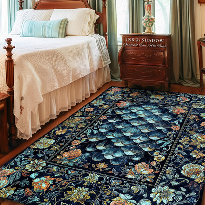 Dreamy Botanicals Dragon Scale Rug | Dark Academia Aesthetic Fairytale Home Decor Accent Rug Cottagecore Ocean Blue Decor Whimsical Gothic