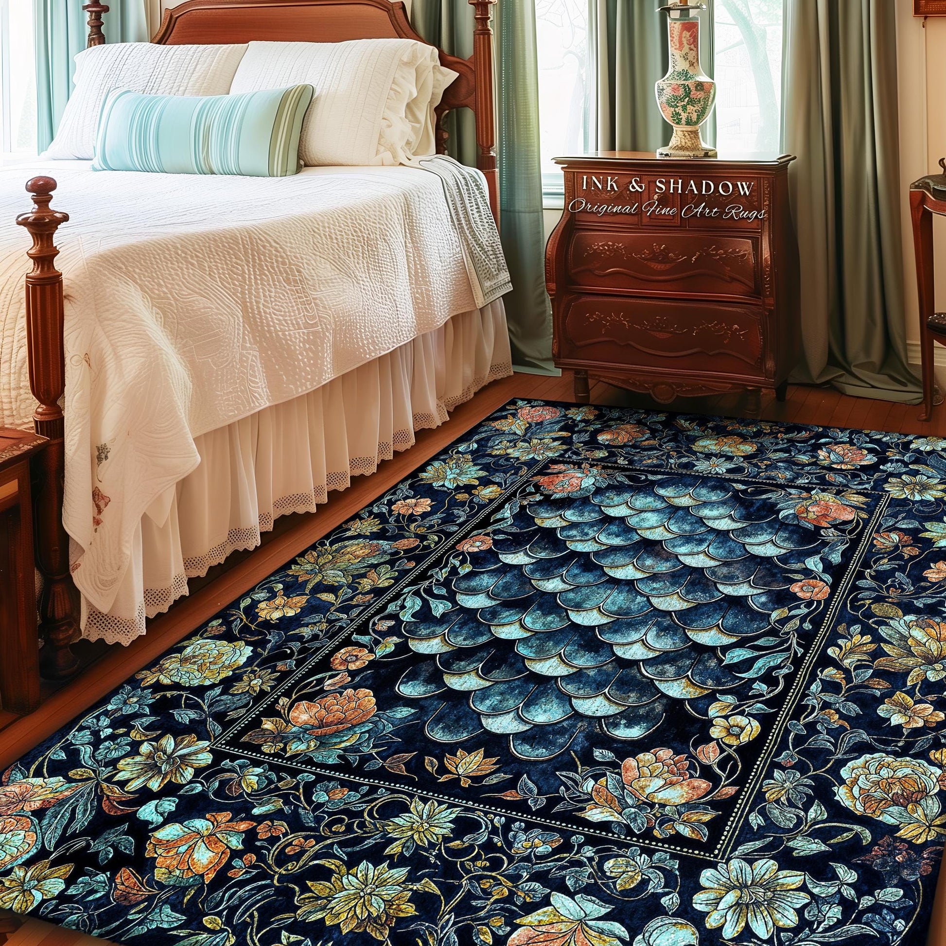 Dreamy Botanicals Dragon Scale Rug | Dark Academia Aesthetic Fairytale Home Decor Accent Rug Cottagecore Ocean Blue Decor Whimsical Gothic