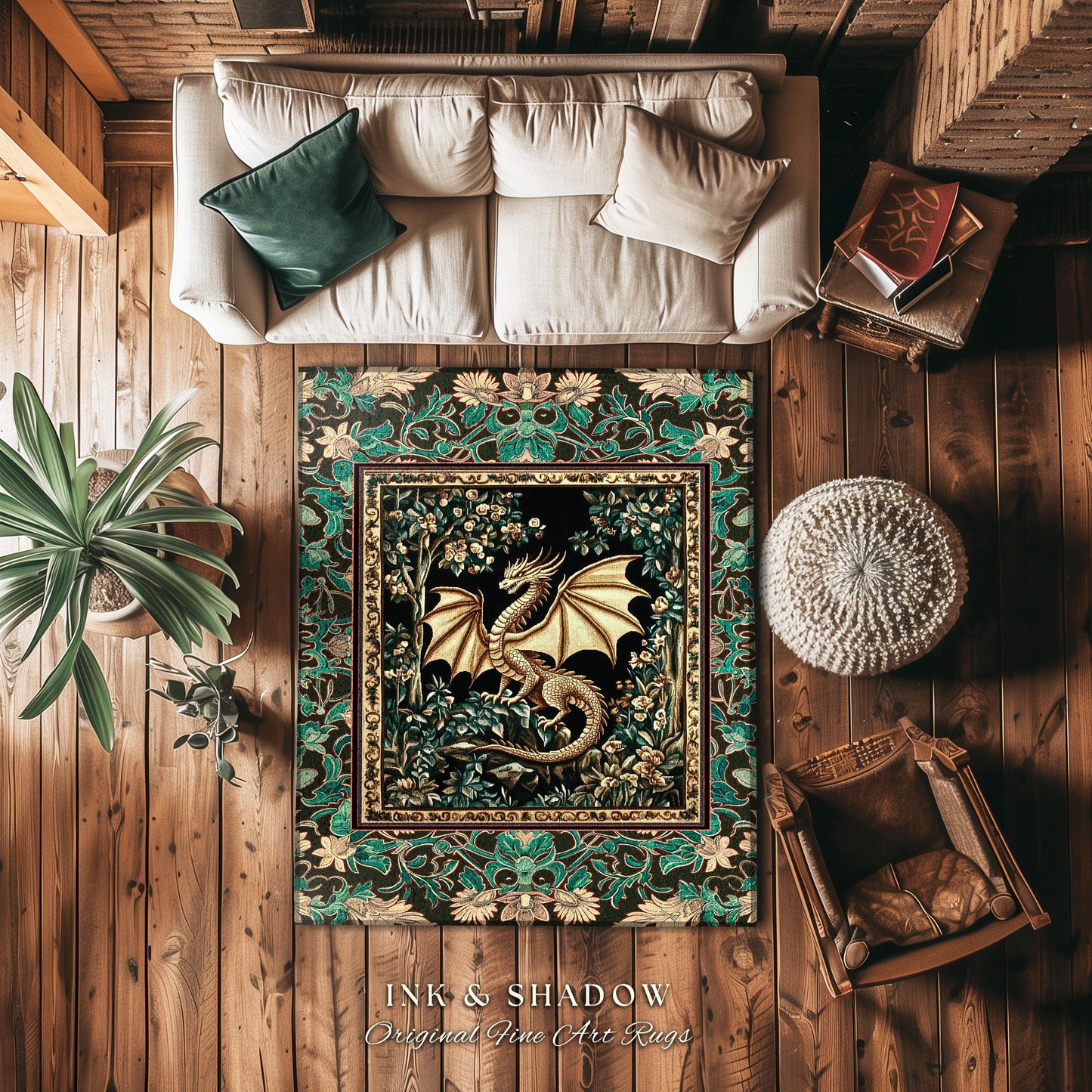 Royal Elegance Floral Medieval Area Rug | Mystic Woods Golden Chinese Dragon Reading Corner Moody Home Accent Rug Bedroom Dark Cottagecore