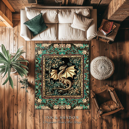 Royal Elegance Floral Medieval Area Rug | Mystic Woods Golden Chinese Dragon Reading Corner Moody Home Accent Rug Bedroom Dark Cottagecore