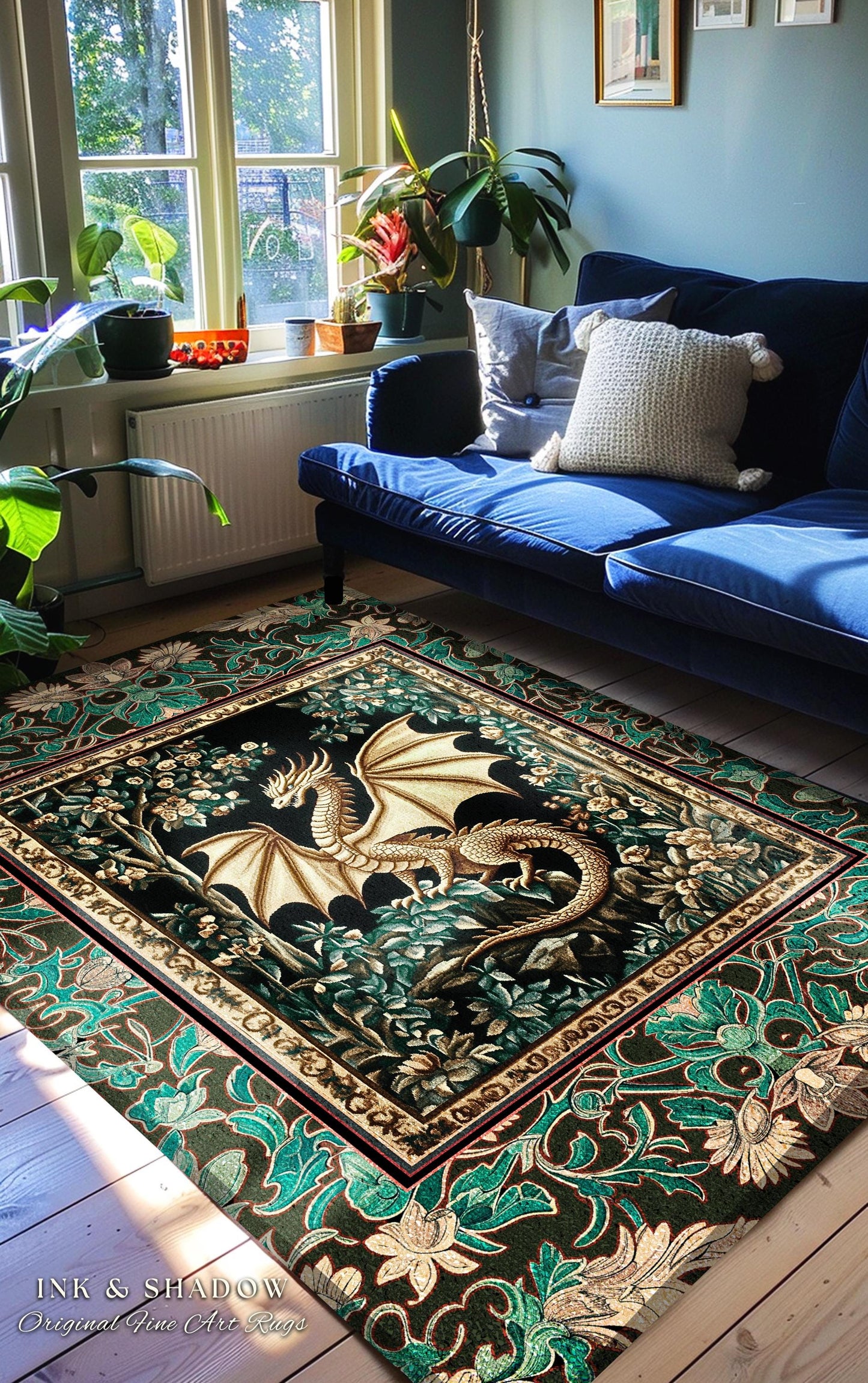 Royal Elegance Floral Medieval Area Rug | Mystic Woods Golden Chinese Dragon Reading Corner Moody Home Accent Rug Bedroom Dark Cottagecore