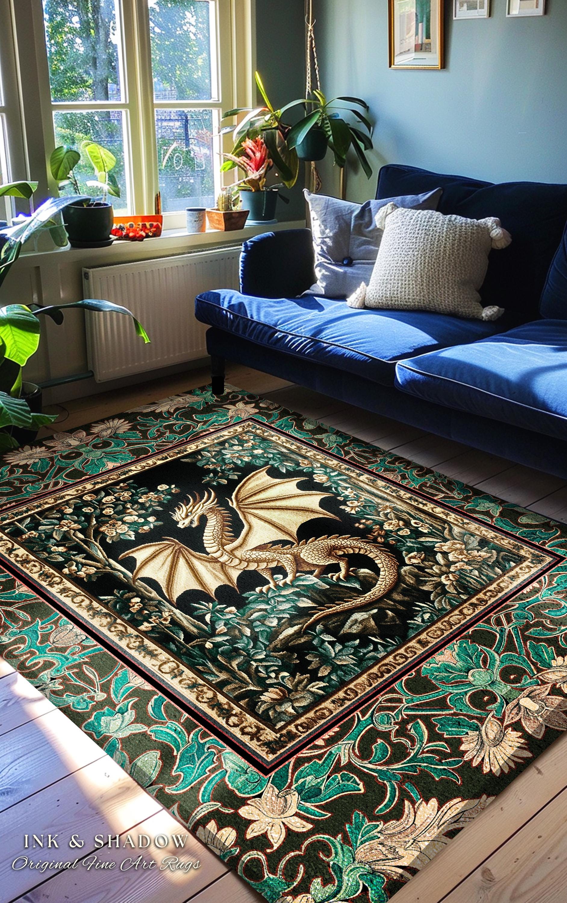 Royal Elegance Floral Medieval Area Rug | Mystic Woods Golden Chinese Dragon Reading Corner Moody Home Accent Rug Bedroom Dark Cottagecore