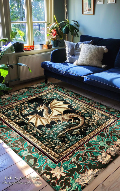 Royal Elegance Floral Medieval Area Rug | Mystic Woods Golden Chinese Dragon Reading Corner Moody Home Accent Rug Bedroom Dark Cottagecore