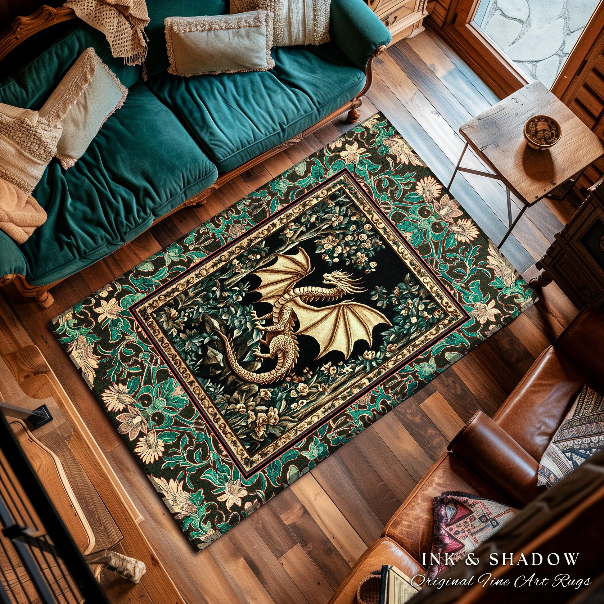 Royal Elegance Floral Medieval Area Rug | Mystic Woods Golden Chinese Dragon Reading Corner Moody Home Accent Rug Bedroom Dark Cottagecore