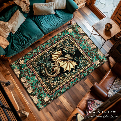 Royal Elegance Floral Medieval Area Rug | Mystic Woods Golden Chinese Dragon Reading Corner Moody Home Accent Rug Bedroom Dark Cottagecore