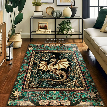 Royal Elegance Floral Medieval Area Rug | Mystic Woods Golden Chinese Dragon Reading Corner Moody Home Accent Rug Bedroom Dark Cottagecore