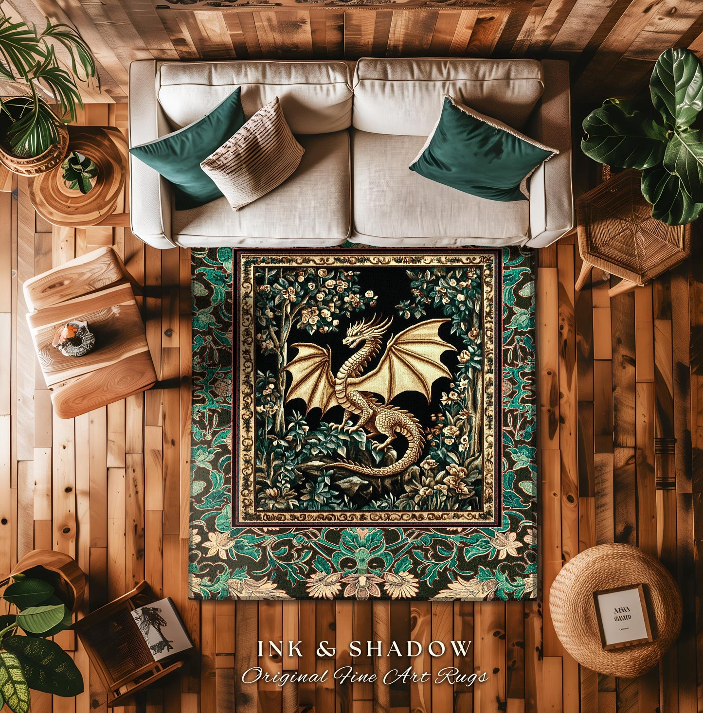Royal Elegance Floral Medieval Area Rug | Mystic Woods Golden Chinese Dragon Reading Corner Moody Home Accent Rug Bedroom Dark Cottagecore