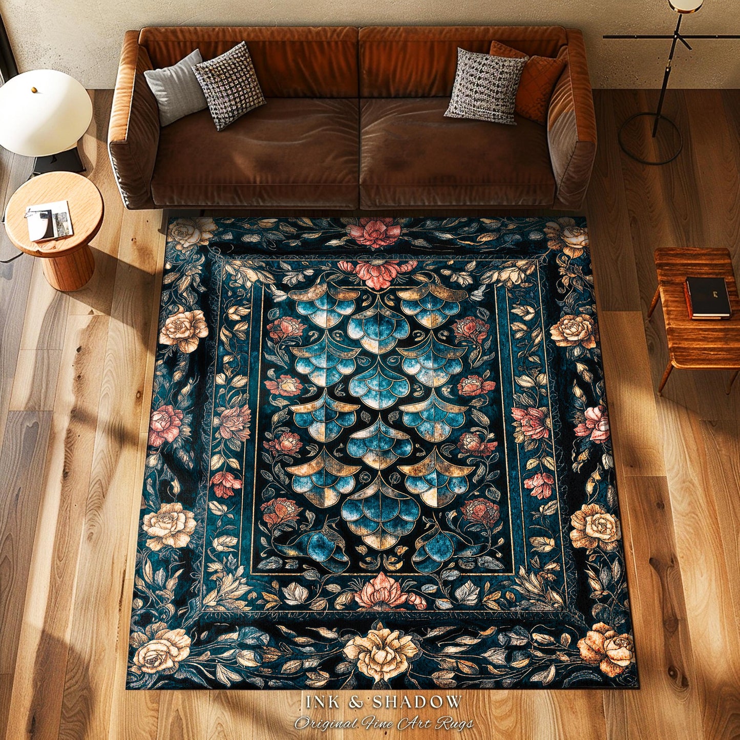Mystical Dark Dragon Scale Accent Rug | Gothic Baroque Elegance Navy Blue Teal Whimsical Academia Art Fairytale Floral Floor Mat Home Decor