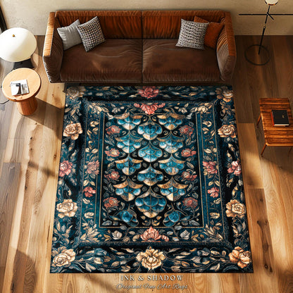 Mystical Dark Dragon Scale Accent Rug | Gothic Baroque Elegance Navy Blue Teal Whimsical Academia Art Fairytale Floral Floor Mat Home Decor