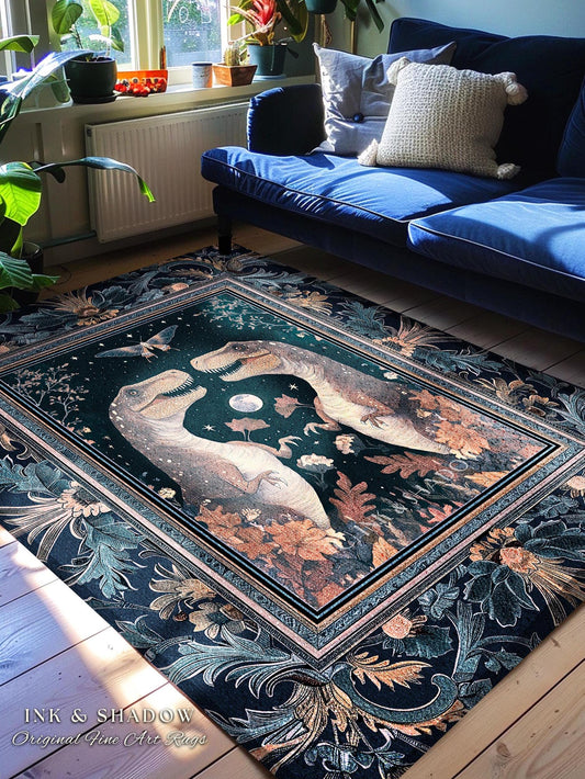 Enchanted Moth Dinosaur Rug | Whimsical T-Rex Dino Home Accent Rug Enchanted Garden Moonlit Cottagecore Indigo Blue Jurassic Forestcore |
